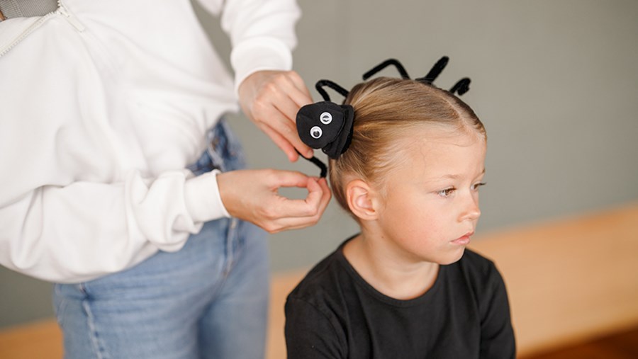 Na každej strane omotajte okolo drdolových uzlov štyri chlpaté drôtiky, vytvarujte ich do ôsmich pavúčích nôh a na každého pavúka nalepte dve pohyblivé oči.